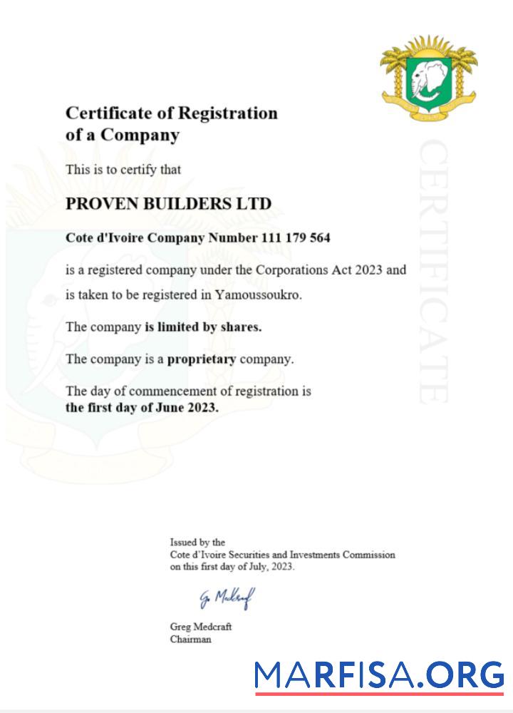 Printable Cote d'Ivoire certificate of registration Word and PDF template